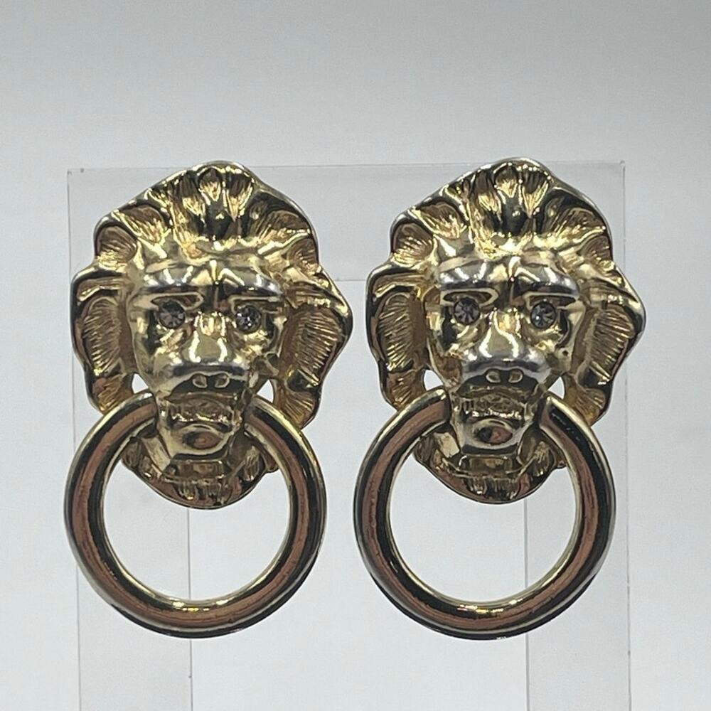 Kenneth Jay Lane Vintage 
Lionhead Doorknocker Rhinestone Eyes‎ Earrings